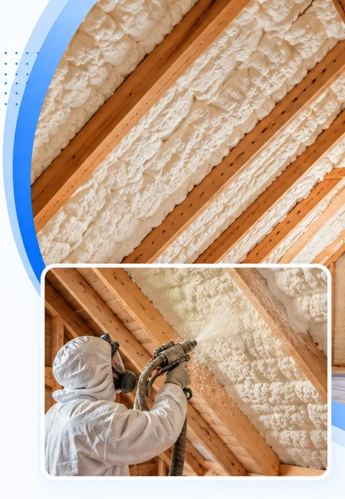 Spray foam insulation applied to an attic roof deck with a professional installer working inside