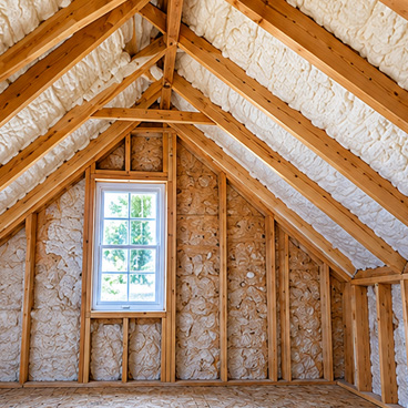 Spray foam insulation installed along residential attic roof rafters