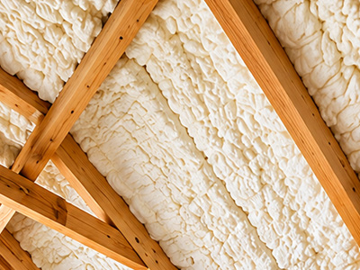 Open-cell spray foam insulation applied between wooden roof framing