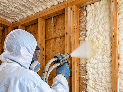 Professional installer applying spray foam insulation to wall framing