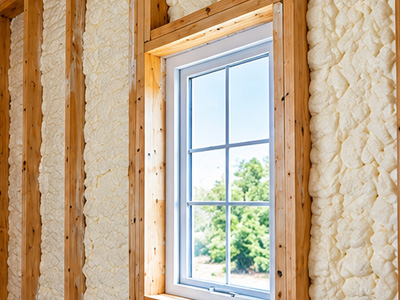 Spray foam insulation installed in residential wall cavities around a window