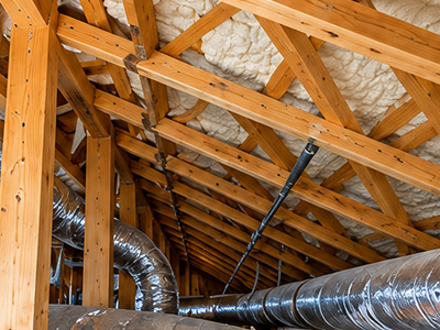 Residential attic with spray foam insulation and HVAC ductwork