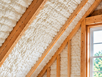 Completed spray foam insulation installed between attic roof rafters