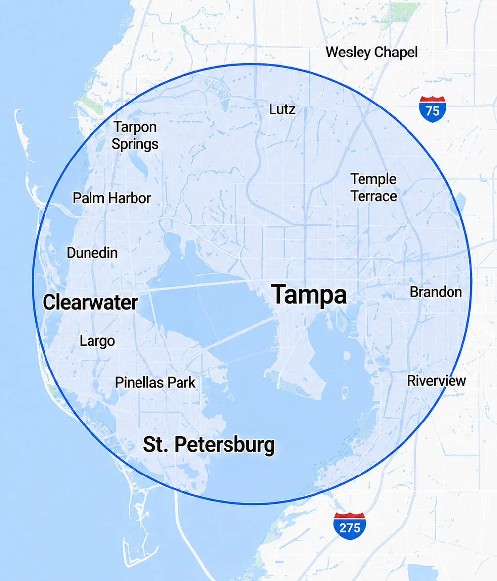 Airenteed HVAC service area covering Tampa Bay and surrounding communities