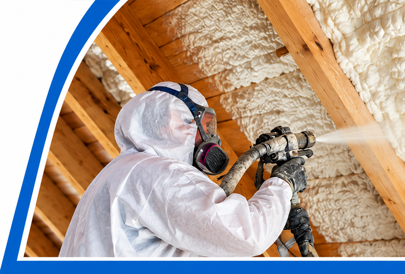 Professional technician applying spray foam insulation inside a residential attic